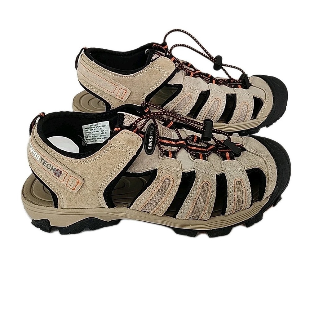 SWISS TECH Bump Toe Hiking Sandles Women's 9 Men's 7 Khaki, Suede, Hike Slip-On